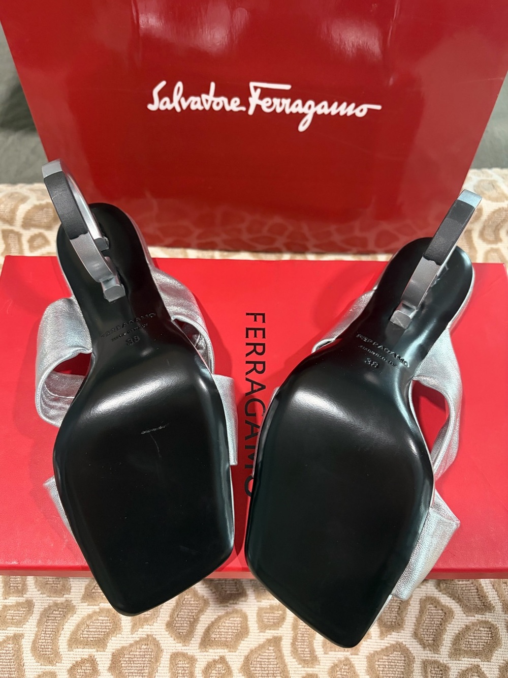 Ferragamo Silver Metallic Circular-Heel Slide Sandals - Picture 4 of 16